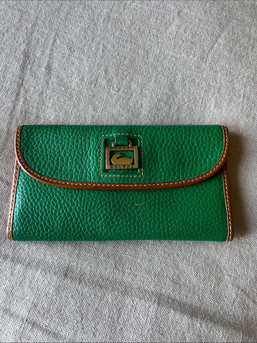 Dooney & Bourke Green Pebbled Leather Continental Clutch Wallet with Brown Trim